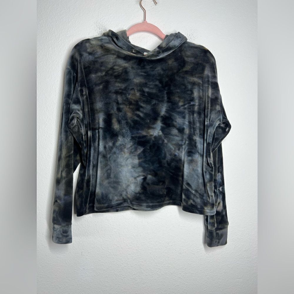 Poof Faux Velvet Crop Hoodie Black Brown Tie Dye Size M y2k Plush Soft Cozy